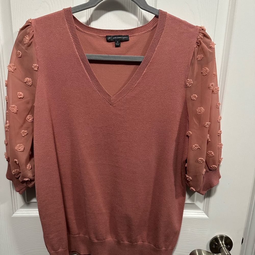 Adrianna Papell Dusty Rose V-Neck Blouse with Puff Sleeves